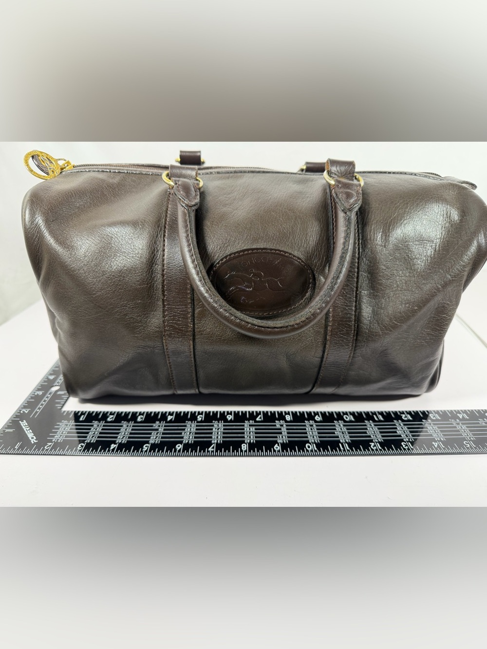 3061: Vintage Longchamp Brown Leather Boston Duffle Travel Bag - Picture 11 of 13